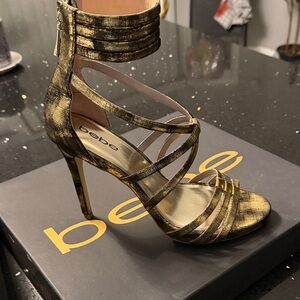 Bebe Metallic Gold Strappy Heels
